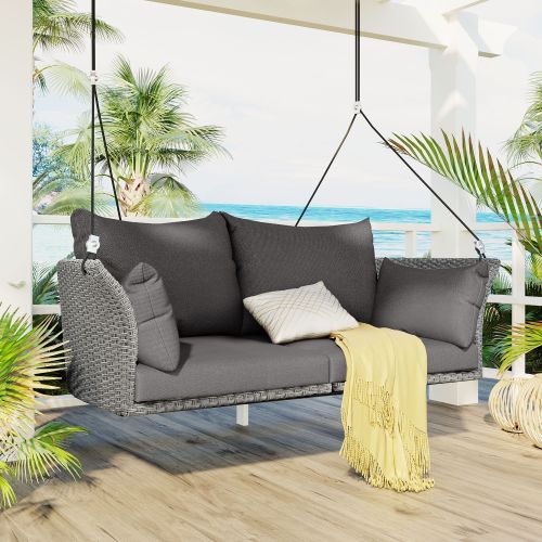 51.9" 2-Person Hanging Seat, Rattan Woven Swing Chair, Porch Swing With Ropes